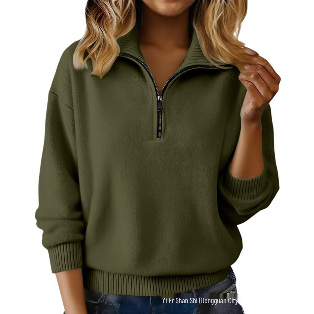 Pull en tricot pour femme 2026 à fermeture éclair et col revers - Coupe ample à manches longues pour un style décontracté