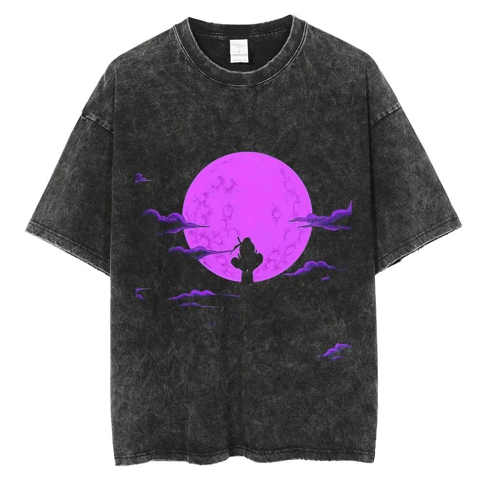Sommer Kurzarm Baumwolle Herren Damen Streetwear Vintage Schwarz Gewaschenes T-Shirt Harajuku Anime Naruto Print T-Shirt Lockere Oberteile T-Shirts