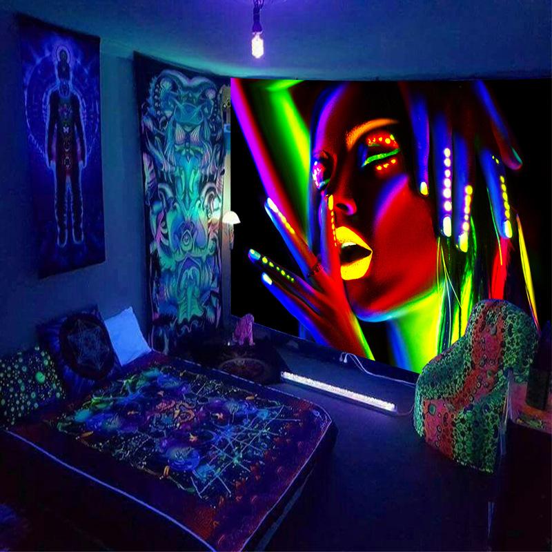 Black Light Tapestry Wall Hanging UV Reactive Psychedelic World Hippie  for Bedroom Dorm Indie Room Decor