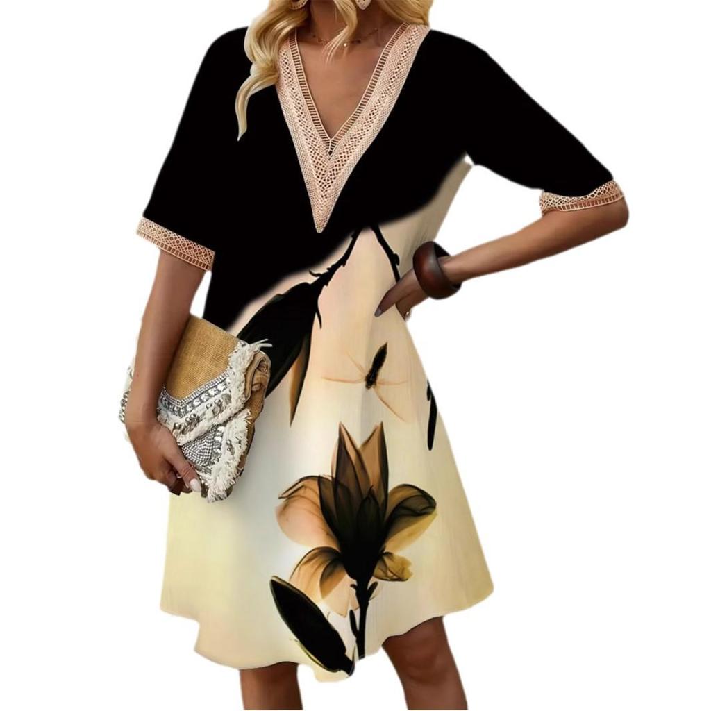 2025 Spring/Summer Lace V-Neck Print Midi Dress with Loose Hem