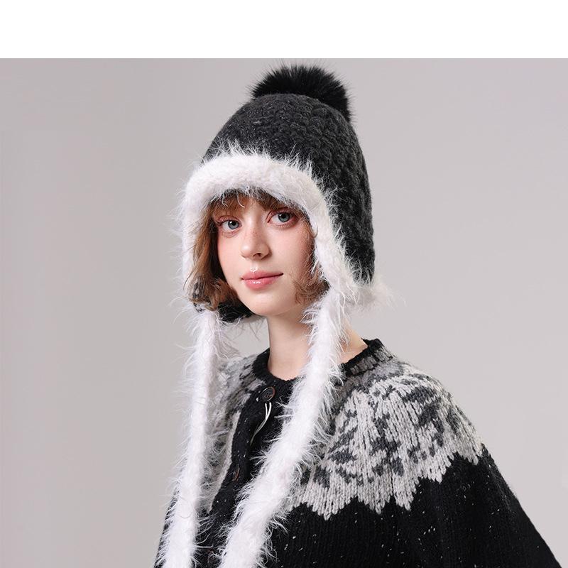 

Вязаная шапка женская зимняя бархатная с защитой ушей теплая шапка-ушанка шерстяная шапка чёрный