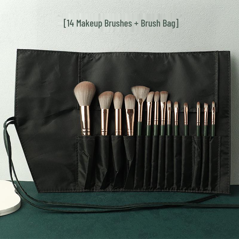 14-Piece Green Makeup Brush Set with Soft Bristles – Includes Powder, Foundation, and Blush Brushes.
