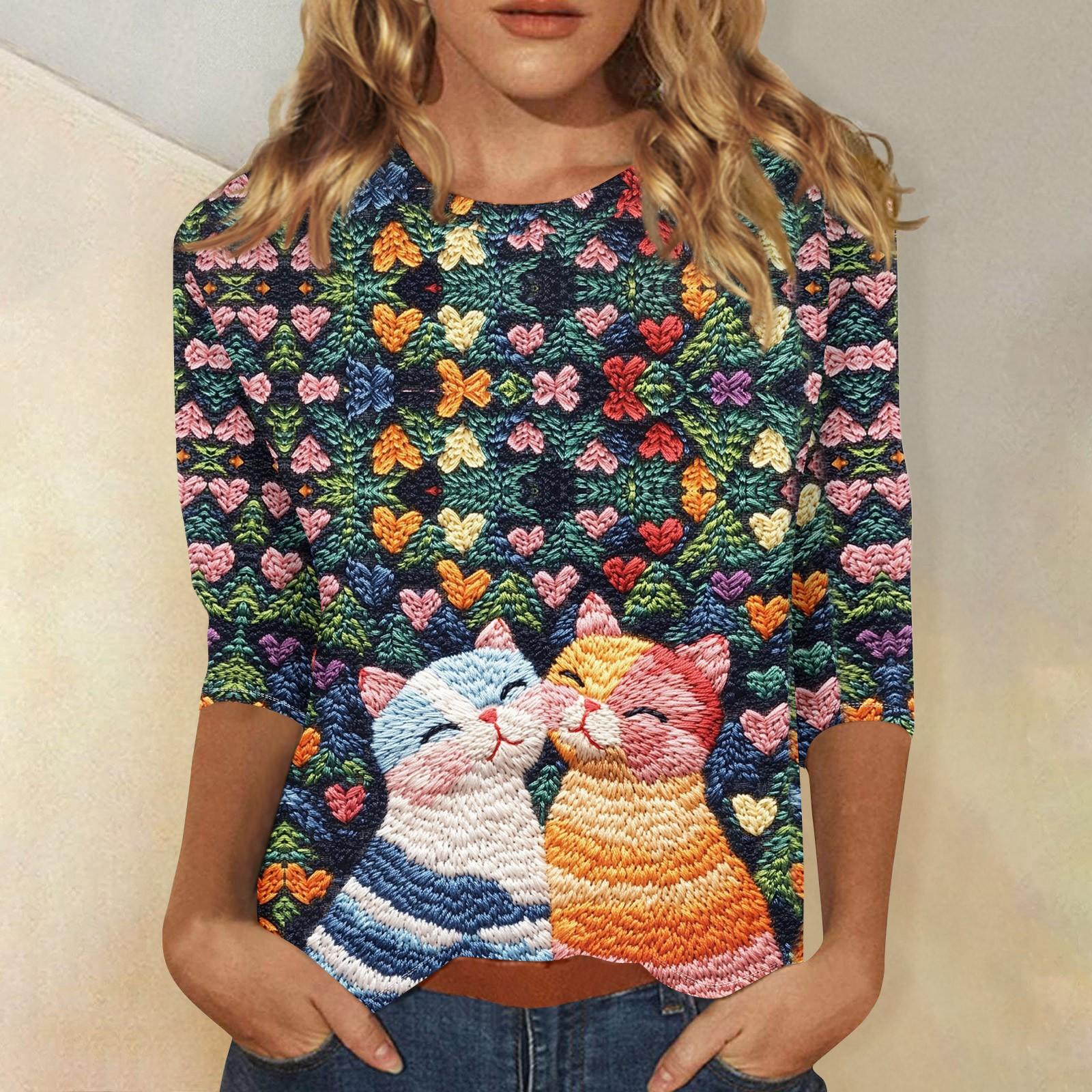 

Женская повседневная свободная футболка с круглым вырезом и принтом ко Дню святого Валентина с рукавами три четверти XL оранжевый