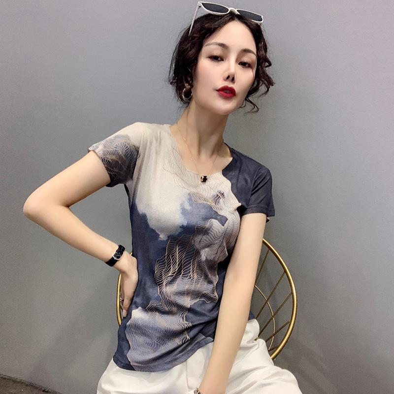 Southeast Asia Europe 2025 Summer Women's Slimming Printed Short Sleeve Top