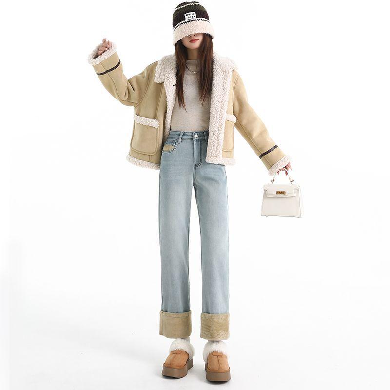 Women's New Style of Jeans with Velvet Thickened Small High-waisted Slim Straight Pants