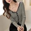 Women S Long Sleeve Striped T Shirt High Waist Short Style With Shell Buttons