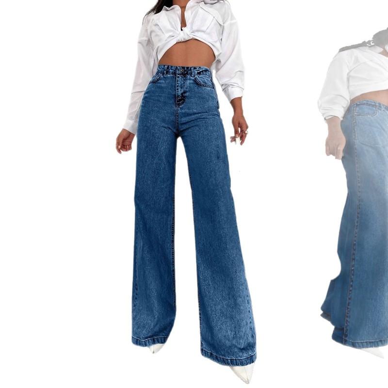 Womens High-Waisted Straight Leg Wide Fit Denim Jeans Water Washed Cotton Blend Comfort Casual Trousers