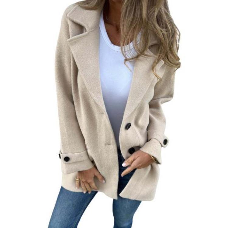 

Women Solid Color Lapel Long Sleeve Single Breasted Woolen Coat Mid-length Outwear with Side Pockets Commuting Style XXXL абрикосовий