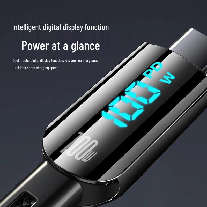 100W Transparent Braided Fast Charging Cable with Digital Display for Huawei and Apple, PD Type-C.