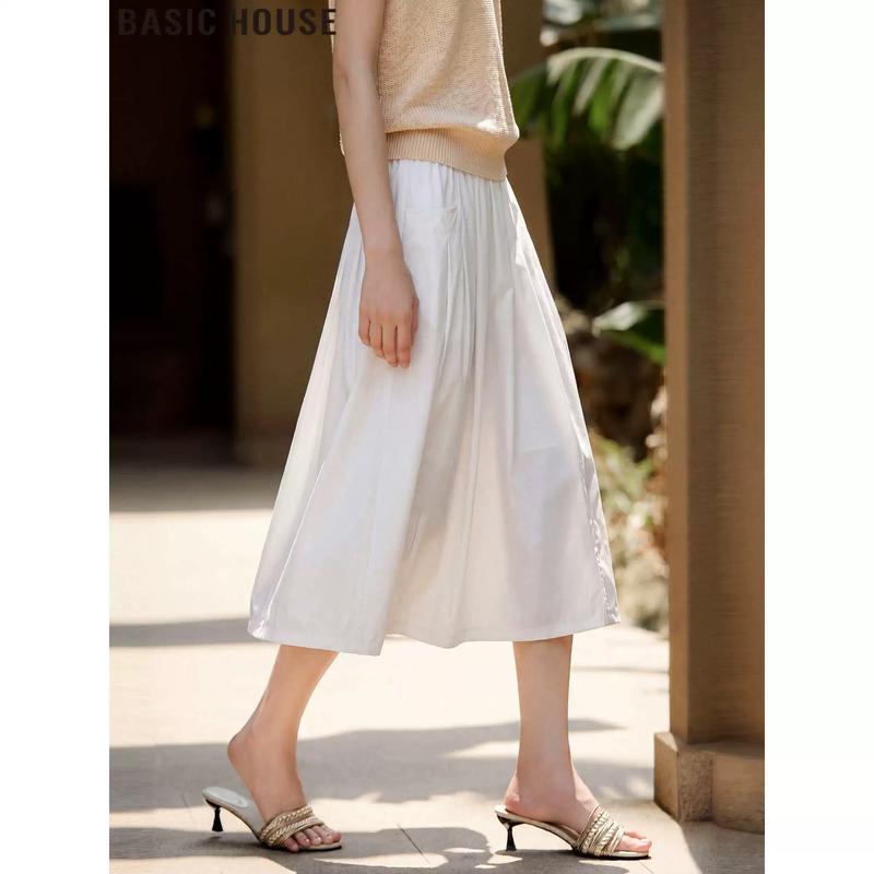 Basic House Women s Ice Silk High-Waist A-Line Midi Skirt L