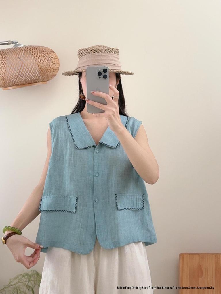Linen Sleeveless Retro Lapel Blouse with Pocket - Women's Solid Color Summer 2026 Vest