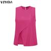 VONDA Women Round Neck Sleeveless Irregular Splits Casual Tank Tops