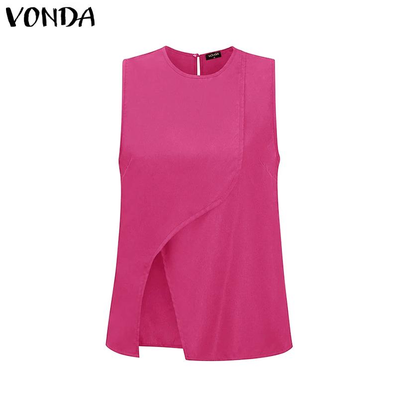 VONDA Women Round Neck Sleeveless Irregular Splits Casual Tank Tops