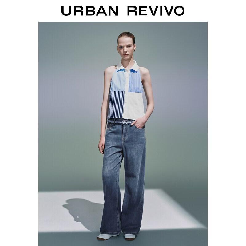 UR Women's Patchwork Plaid Ruffle Wide-Leg Denim Pants