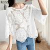 ZANZEA Women Summer Casual 3/4 Sleeve Loose Hollow Out Lace Crochet Blouse