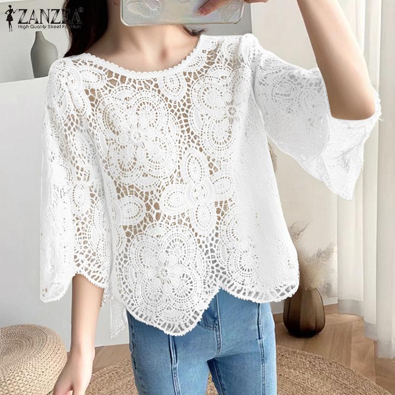 ZANZEA Women Summer Casual 3/4 Sleeve Loose Hollow Out Lace Crochet Blouse