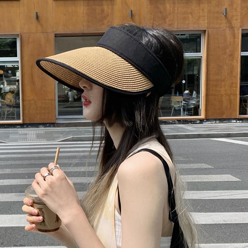 Mode Leerer Zylinder Sommer Strohhut Breite Krempe Strand Sonnenschutzhut Pferdeschwanz Kappe für Outdoor-Aktivitäten Camping Laufen