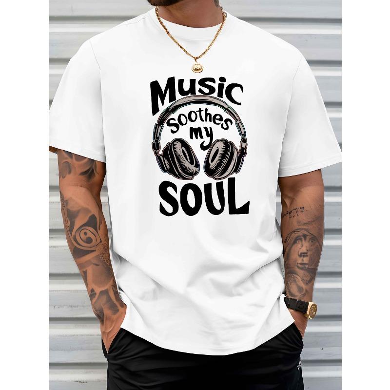 Men'S Music Soothes My Soul Graphic T-Shirt - Short-Sleeve Crewneck with Headphone Print, Summer Beach & Casual Wear, Beach T Shirt