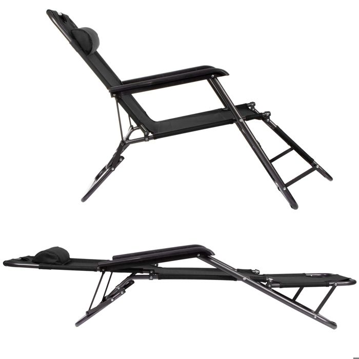 Transat de jardin - Springos® - Chaise longue pliante - Appui-tête - Accoudoirs - Noir