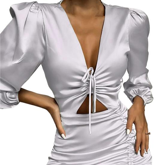 Short Dress Deep V-neck Dressing Up Anti-pilling Stylish Waist Hollow Out Ruched Skinny Dress Streetwear