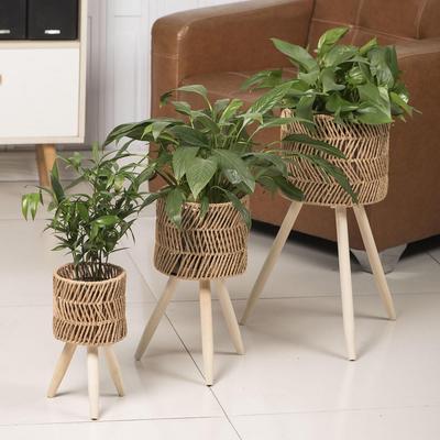 Indoor Floor-Standing Flower Stand: Solid Wood & Rattan Woven Plant Rack for Living Room or Balcony