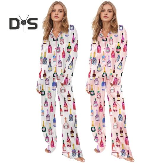 Dámské pyžamo s dlouhým rukávem a knoflíky na láhev šampaňského, košile a kalhoty na spaní, ležérní sada s potiskem sklenic na víno, 2dílná sada domácího oblečení