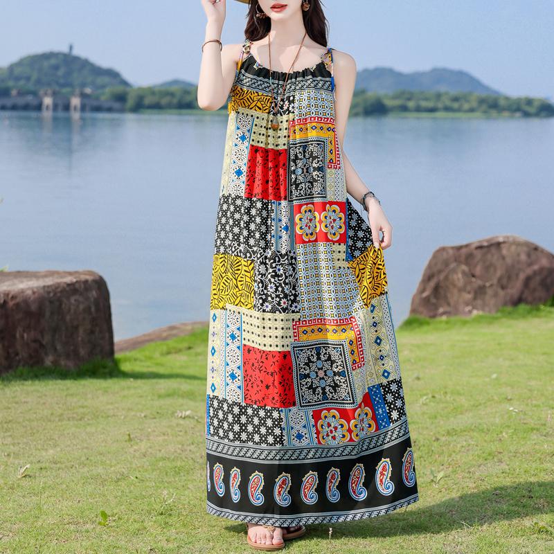 Elegant Woman Summer Strap Dress Plus Size Casual Loose Long Dress Female Vintage Clothes
