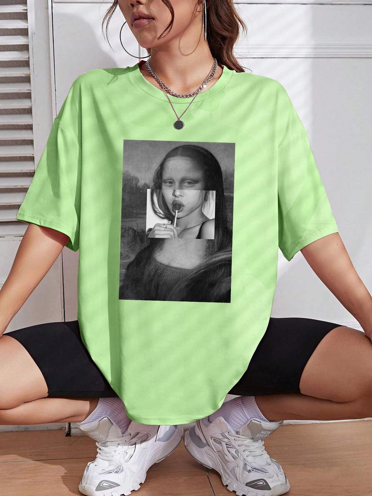 Mona Lisa Drinking Beverages Womens Tshirt Summer Breathable Casual T Shirt Loose Soft Tops Hip Hop Oversize Fashion Clothes