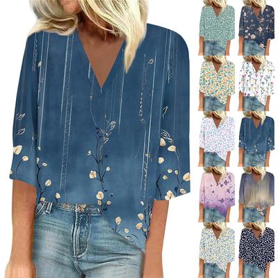 Women's Shirt Blouse Casual Loose Shirts 3/4 Sleeve Print V Neck Tops Print Tops T-shirts Tee