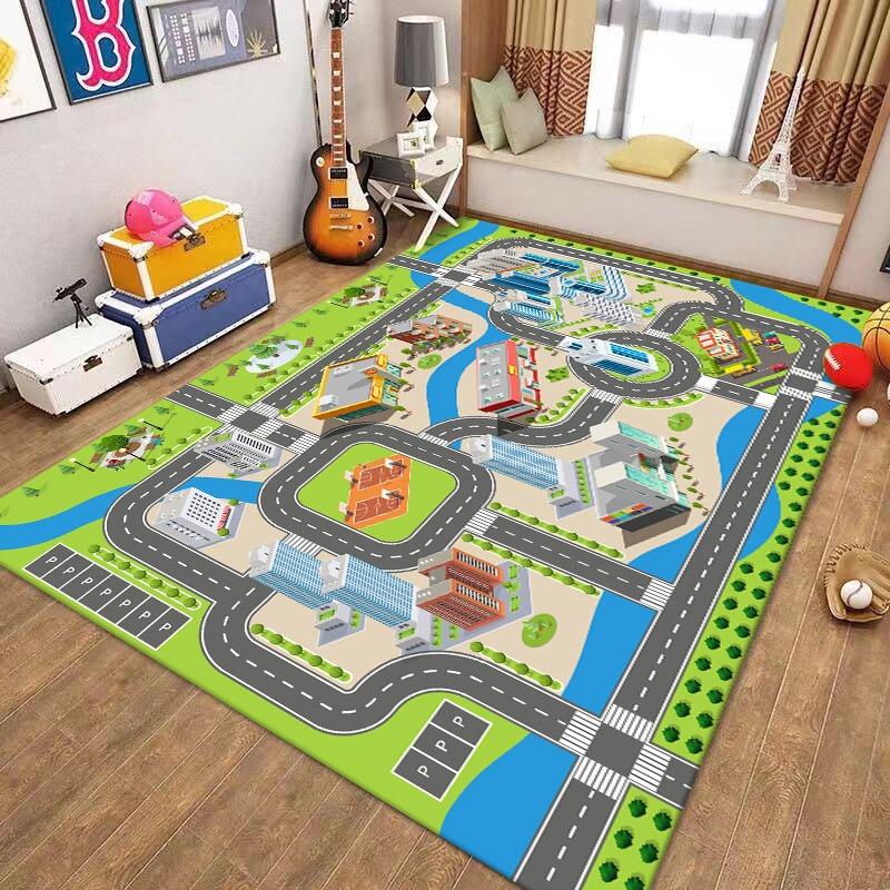 Kids Play Rug with Road Map City Scene Pattern Non Slip Educational Floor Mat for Children's Room Playroom Decor