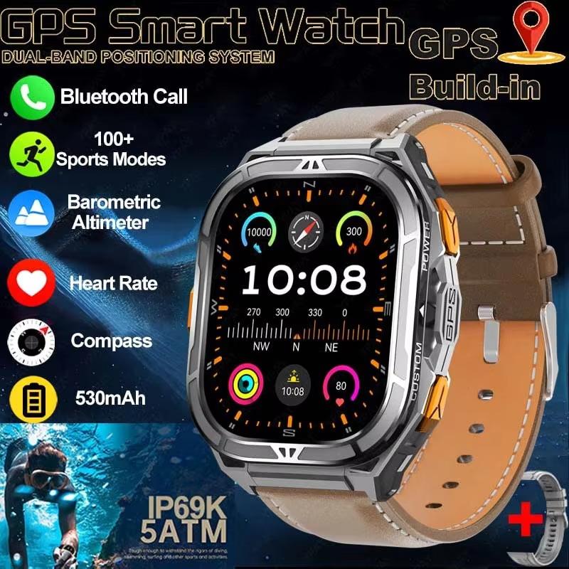 New GPS Track Smart Watch Men 5ATM Waterproof 1.96" Always Display Compass Heart Rate 530mAh Battery BT Call Smartwatch