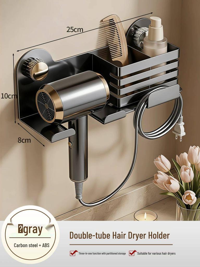 Vintage Style Walnut Bathroom Hair Dryer Shelf - No-Punch Wall-Mounted Holder