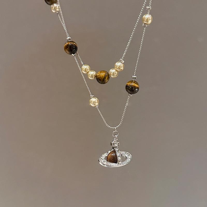 Винтажное осенне-зимнее двухслойное колье с подвеской в ​​виде Сатурна из тигрового глаза, цепочка для женского свитера.