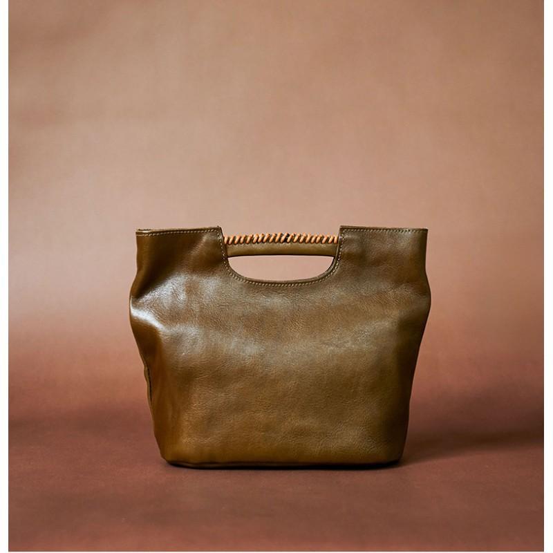 Fashionable Retro Style Genuine Leather Bucket Bag Women Full Tree Cream Vegetable Tanned Cowhide Handbag Crossbody