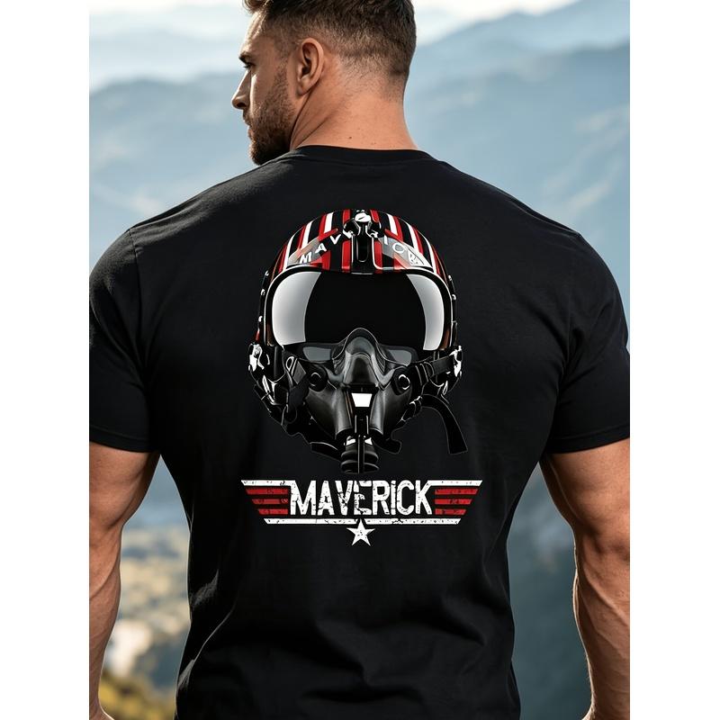 Men's Maverick Helmet T-Shirt - Aviation-Themed Call Sign Print, Breathable Crew Neck Casual Shirt Suitable for Outdoor, Aviation Enthusiast Apparel,