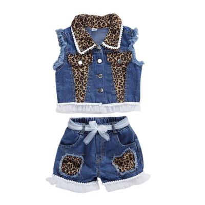 1-6 yıl Bebek Kız Denim Rahat Kıyafet Setleri Kolsuz Leopar Baskı Denim Üst + Leopar Baskı Denim Şort Takım Elbise Kızlar