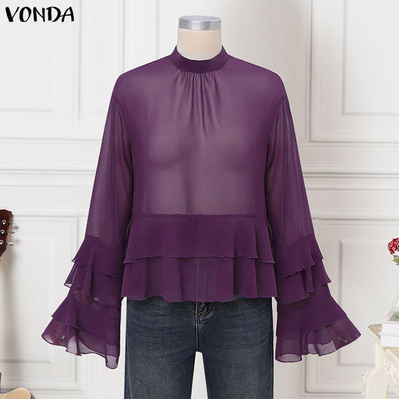 VONDA Women Round Neck Long Sleeve Mesh Lace See Through Casual Ruffled Blouse S