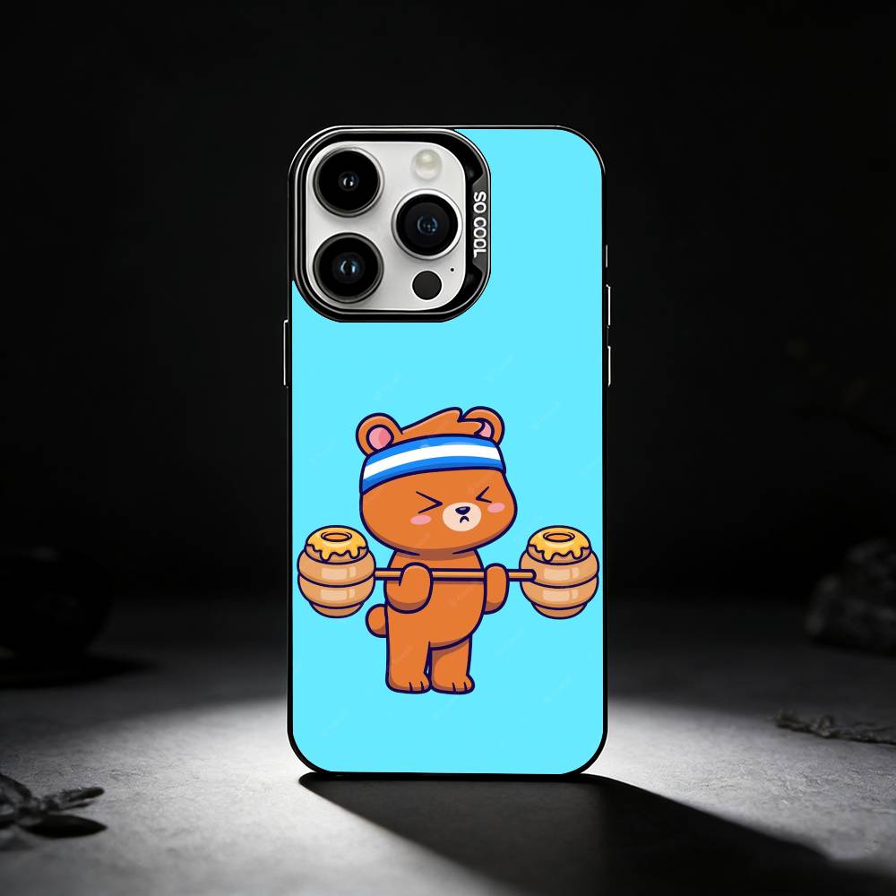 Cute Cartoon Animal Lifting Iron Phone Case For iPhone 17,16,15,14,13,12,11 Plus,Pro Max,XS,Colored Silver Phone Case