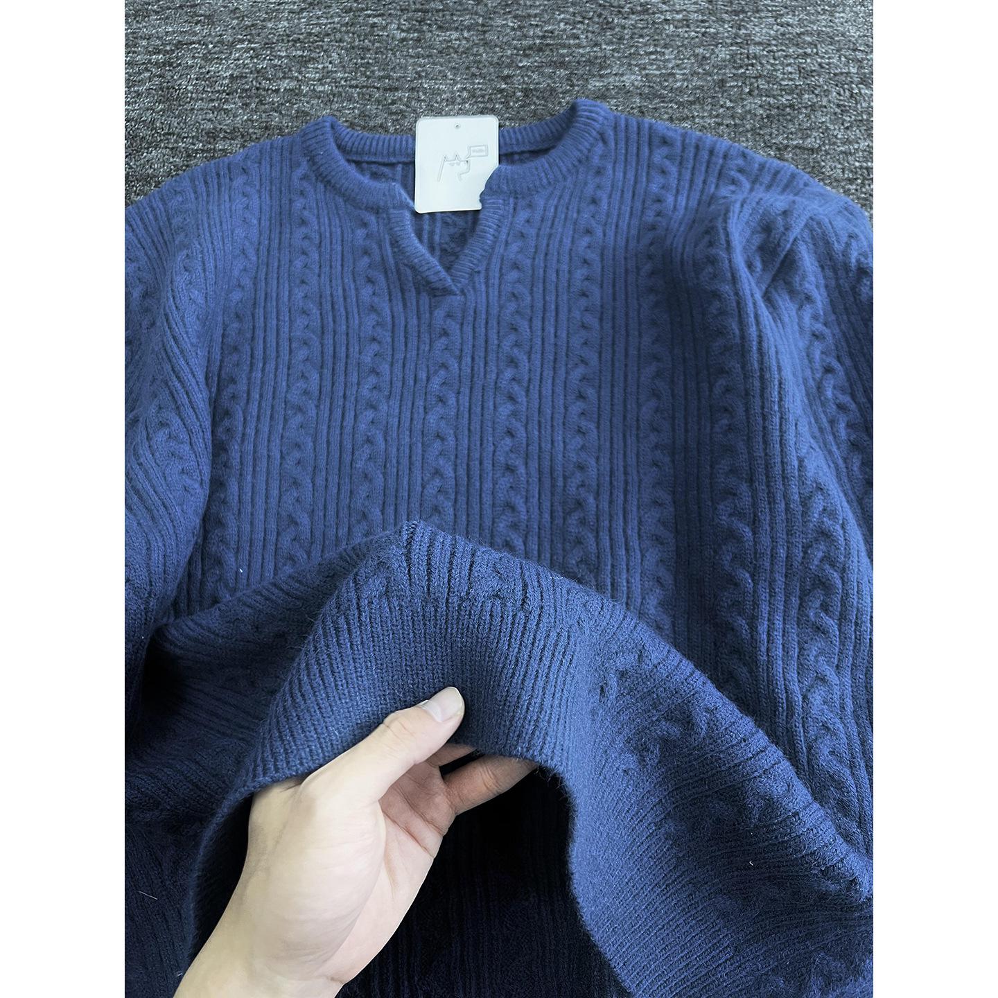 Blue Cable Knit Henley Sweater - Relaxed V-Neck Knitwear XL темно-синий
