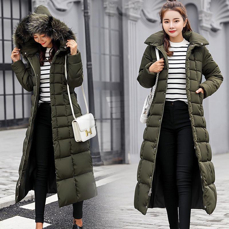 Women's Long Hooded Lace-Up Cotton Coat with Fur Collar - Korean Style, Thick & Warm, Over-the-Knee.