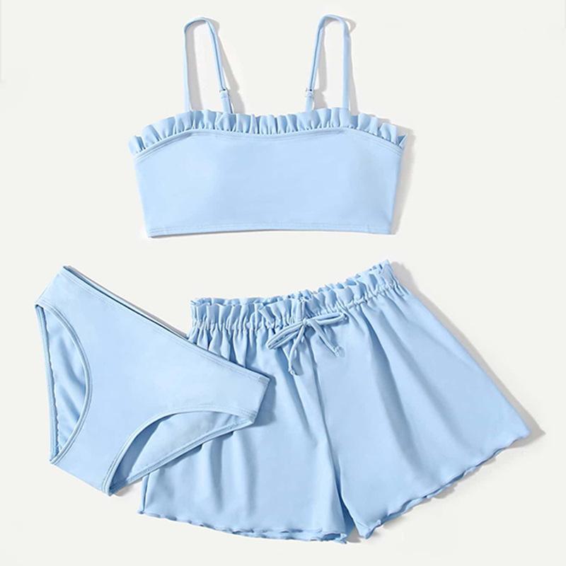 Girls Kids Solid Color Ruffled Split Swimsuit Three Piece Set 130 синий