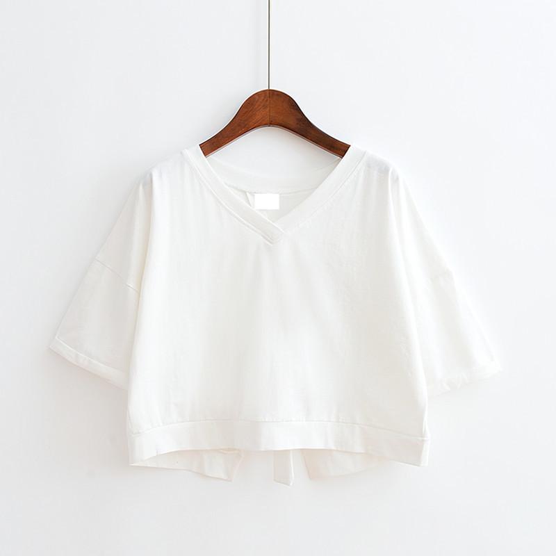 

Summer solid color backless splicing split V-neck loose short top female student strap short-sleeved T-shirt women s clothing XXL білий