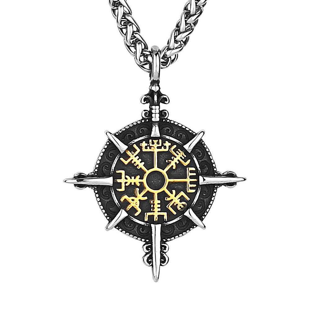 European and American Men's Viking Compass Rune Titanium Steel Pendant Fashion Domineering Stainless Steel Pendant Necklace Jewelry Accessories