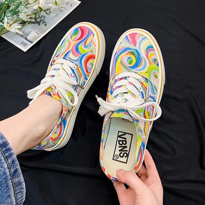 Damen Canvas Schuhe 2025 Regenbogen Design Canvas Schuhe Damen Schnürschuhe Freizeitschuhe Damen Graffiti Flache Schuhe Zapatos Mujer