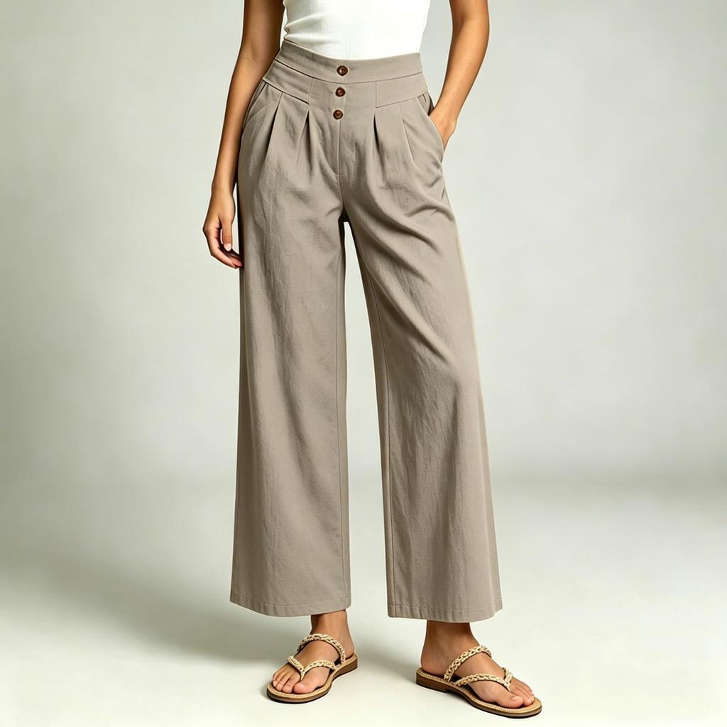 Women Casual Elastic Waist Wide Leg Pants High Waist Straight Leg Trousers with Button Detail and Side Pockets for Everyday Wear