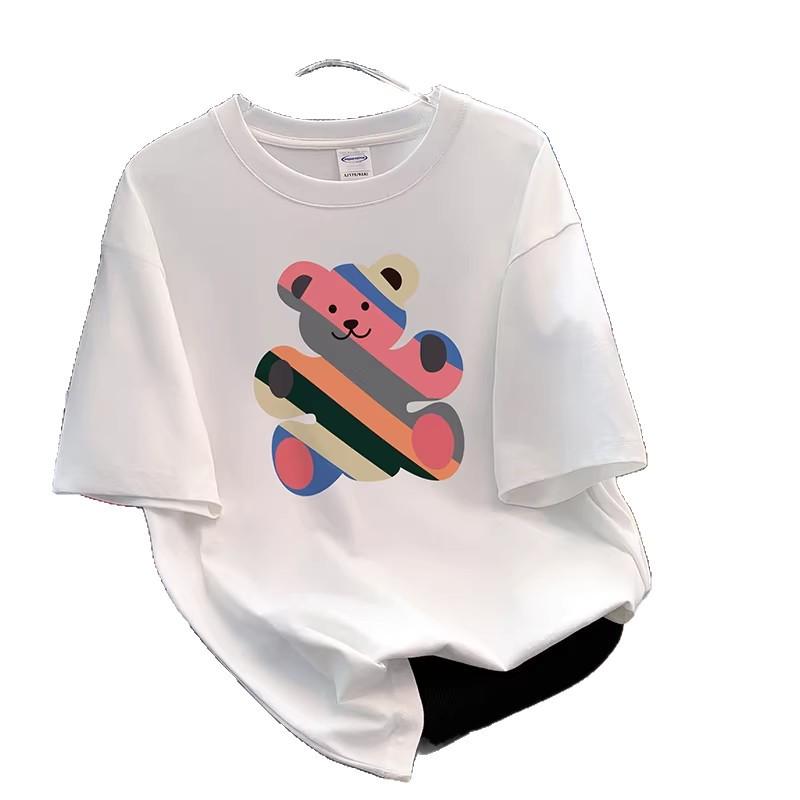 Trendy Women's Cartoon Print Round Neck Short Sleeve T-shirt - 2026 Summer Loose Korean Style Casual Top
