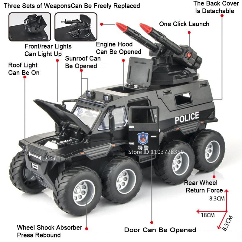 1:32 Scale Avtoros Shaman Sabertooth Armored Police Car Model Toys Metal Diecast Sound Light Doors Opened Pull Back Boys Gifts