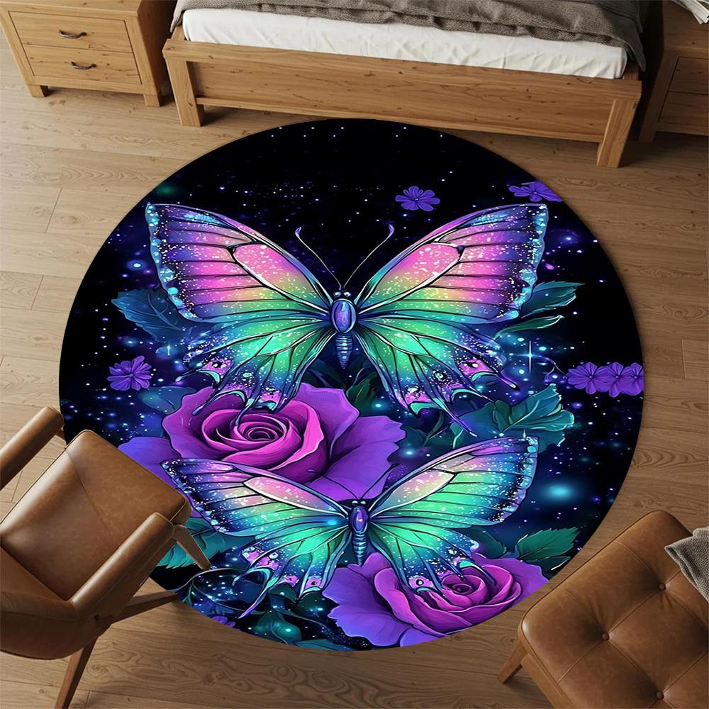 1pc Butterfly Roses Round Chair mat office Area Rug - Non-Slip, Floor Mat for Office, Bedroom, and Indoor Decor p127126