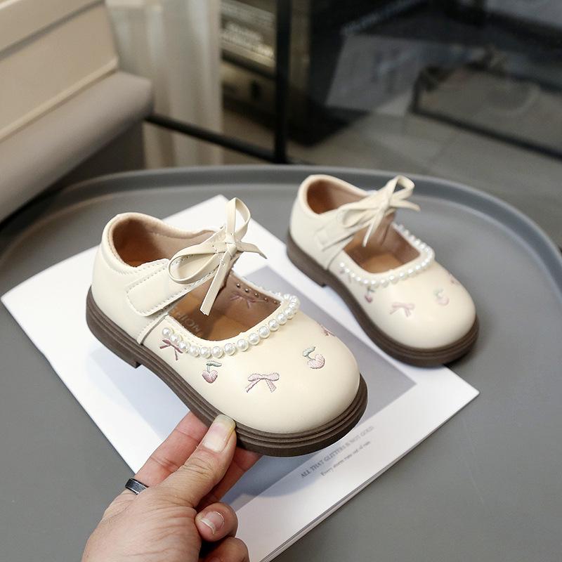 2026 Spring Pearl Bow Princess Shoes - Girls  Embroidered Soft Sole Leather Shoes 20 покинуть белый