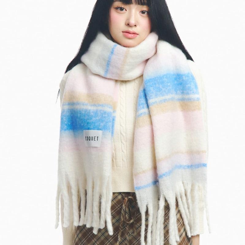 COQUET FRINGED BRUSHED STRIPE WIDE LONG MUFFLER Blue
